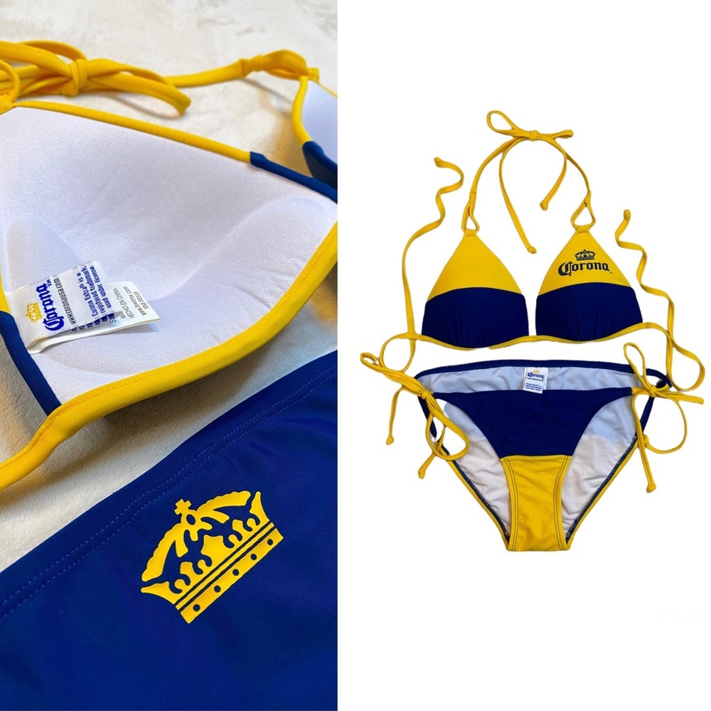 Corona beer blue and yellow string bikini. Padded push-up logo adjustable